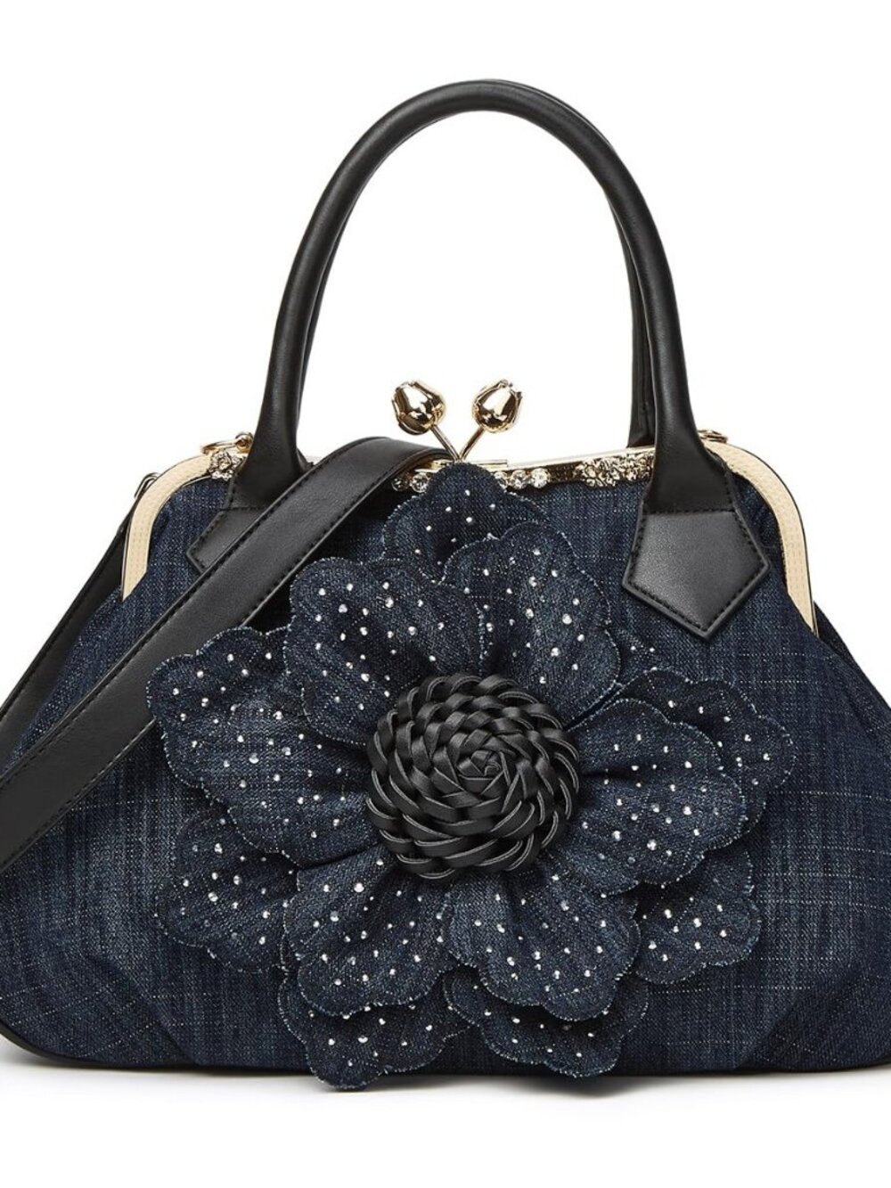 Womens Denim Kiss Lock Tote Handbag Large Rhinestone Flower Clutch Crossbody